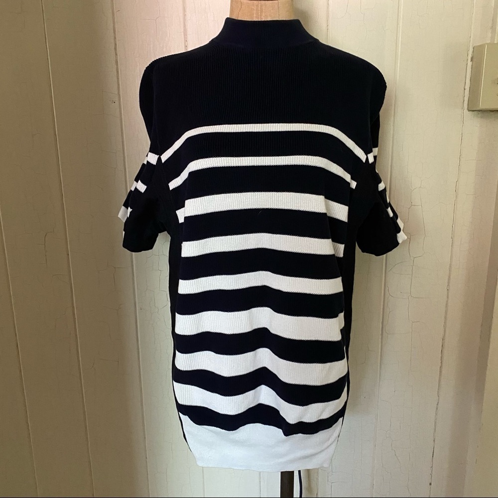 SACAI sz 4 L Navy Blue White Short Sleeve Sweater - Picture 2 of 8